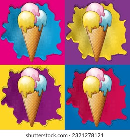 Melting ice cream balls in the waffle cone isolated on colorful background. Ice cream pop art. Vector illustration.