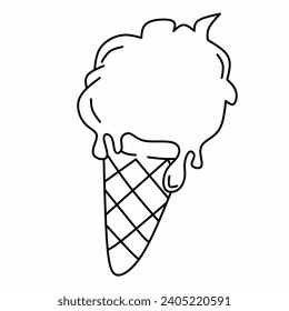 Fundiendo bolas de helado en cono de gofre sobre fondo blanco. Icono de línea plana vectorial. Adecuado para el diseño de camisetas, ilustración de estilo de dibujos animados