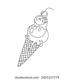 Melting ice cream balls in the waffle cone isolated on white background. Vector flat outline icon. Comic character in cartoon style. Summer time, vacation, summer sweets.