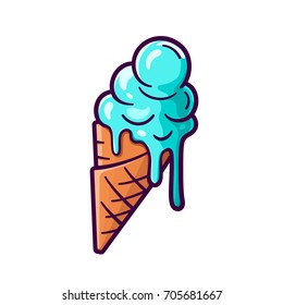 Melting ice cream balls in the waffle cone isolated on white background. Vector flat outline icon. Comic character in cartoon style illustration for t shirt design - Shutterstock ID 705681667