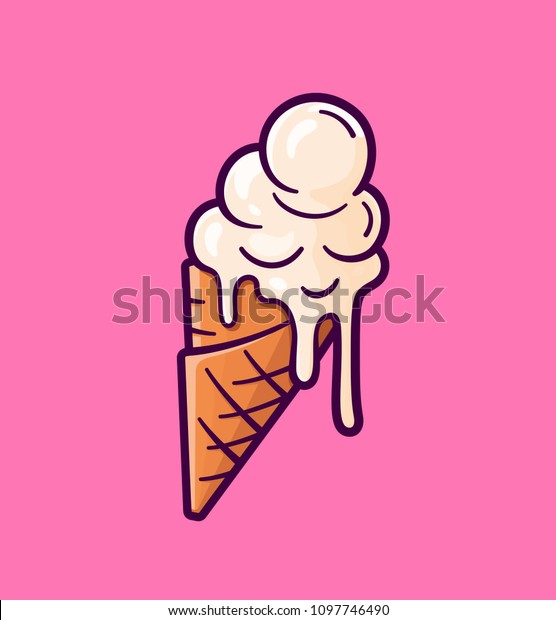 ピンクの背景にワッフルコーンにアイスクリームボールを溶かす ベクター平面のアウトラインアイコン Tシャツデザイン用の漫画スタイルイラストの漫画 キャラクター のベクター画像素材 ロイヤリティフリー