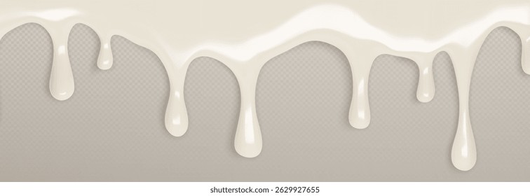 Melting ice cream border isolated on transparent background. Vector realistic illustration of white paint drops, seamless molten vanilla dessert frame, sweet milk yogurt flow, creamy glaze texture