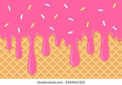 Derretimento de sorvete com polvilhos coloridos de doces no fundo de bolacha. Cone de waffle com textura de sobremesa rosa pingando. Bordadeira de sorvete de morango doce. Ilustração vetorial.