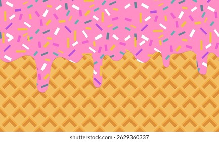 Derretimento de sorvete com polvilhos coloridos de doces no fundo de bolacha. Cone de waffle com textura de sobremesa rosa pingando. Design plano mínimo para banner de modelo, cartaz, etiqueta, ilustração Vetor