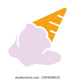 Melting ice cream in a cone, dairy, dessert, sweet, vanilla, fast food, takeaway, street, waffle, delicious, cold, gelato, milk, fruity. Colorful icon on white background