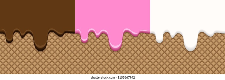 Melting ice cream cone with different flavors, chocolate, strawberry and vanilla. Vector illustration. Seamless horizontal pattern