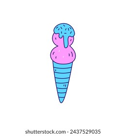 Melting Ice Cream cone doodle vector illustration. Acid colored funky outline food art. Hand drawn isolated icon on white background.