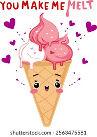 melting ice cream cone with heart-shaped scoops