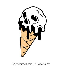Melting ice cream cone,  in a shape of a skull. Scary, gothic, emo, halloween vector icon, simple illustration