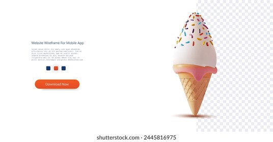 Melting Ice Cream Cone with Sprinkles on Transparent Background. Realistic 3D illustration of a melting vanilla ice cream cone with colorful sprinkles, perfect for summer graphics. Vector