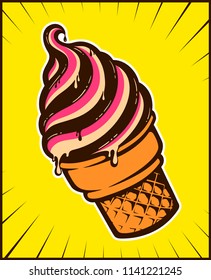 Melting ice cream cone vanilla and strawberry flavour gelato vector illustration