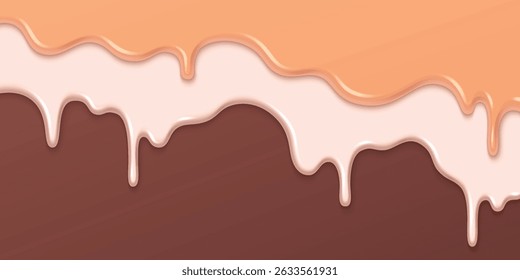 Derretimento de sorvete goteja fundo - baunilha branca, chocolate marrom e caramelo líquido cremoso flui para baixo, respingo de sobremesa doce leitoso, deliciosas gotas de iogurte congelado. Dribble saboroso verão tratar textura