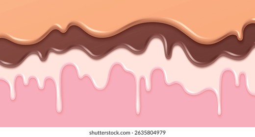 Derretimento de sorvete goteja fundo - baunilha branca, chocolate marrom e caramelo líquido cremoso flui para baixo, respingo de sobremesa doce leitoso, deliciosas gotas de iogurte congelado. Dribble saboroso verão tratar textura