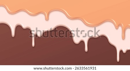 Melting ice cream drips background - white vanilla, brown chocolate and caramel creamy liquid flows down, milky sweet dessert splash, delicious frozen yogurt drops. Dribble tasty summer treat texture