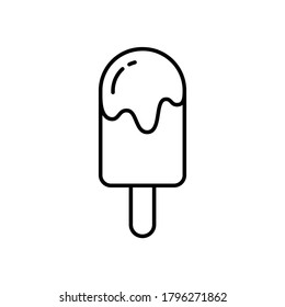 Melting ice cream, eskimo pie. Linear icon of Popsicle. Black simple illustration of ice lolly with flowing icing. Summer dessert. Contour isolated vector pictogram on white background