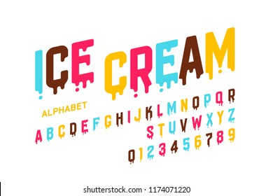 Melting ice cream font, alphabet letters and numbers vector illustration