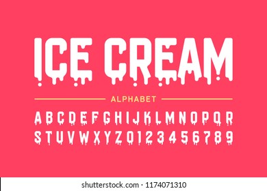 Melting ice cream font, alphabet letters and numbers vector illustration