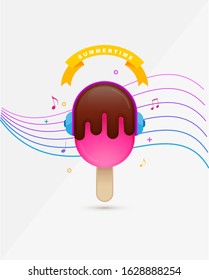 Melting ice cream with a headphones and a dancing background. Vector illustration. Summertime poster design.