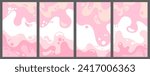 Melting ice cream or milk shake backgrounds with liquid splashes. Fluid yogurt splash backdrop set. Sweet dessert strawberry or cherry cream backgrounds for cover pages, icecream packaging. Pink white