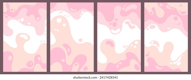 Melting ice cream or milk shake backgrounds with liquid splashes. Fluid yogurt splash backdrop set. Sweet dessert strawberry or cherry cream backgrounds for cover pages, icecream packaging. Waves