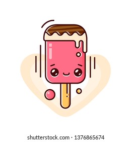 Melting ice cream on a stick isolated on white background. Eskimo pie. Vector flat outline icon. Comic character in kawaii cartoon style illustration for tshirt design