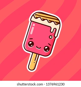 Melting ice cream on a stick on pink background. Eskimo pie sticker. Vector flat outline icon. Comic character in kawaii cartoon style illustration for tshirt design