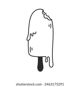 Melting ice cream on stick doodle. Hand drawn summer sweet dessert with liquid drops sketch. Outline icon. Line art. Isolated vector illustration.