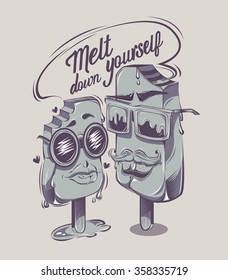 Melting ice cream prin for T-shirt. Hipster old style. Girl and boy heroes in the form of ice cream. Ambiguous title.