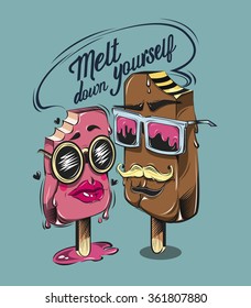 Melting ice cream prin for T-shirt. Hipster old style. Inscription Melt down yourself. Stylish universal hipster image