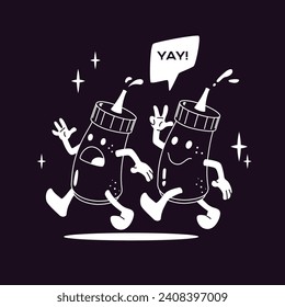 Melting ice cream retro character with OK gesture. Cartoon or comic vector illustration isolated on black background. Modern vintage mascot. Editable stroke.