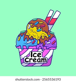 Melting Ice Cream Scoop On A Bucket Cartoon Vector Illustration. Sweet Dessert Food. Flat Cartoon Outline Style.