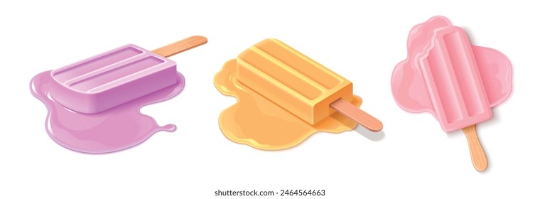 Melting ice cream set isolated on white background. Vector realistic illustration of sweet purple, yellow, pink fruit or vanilla dessert on wooden stick, restaurant menu, food shop design elements