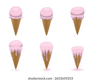 Juego de helados derretidos. Pasos para derretir el helado. Juego de conos de helado derretido. Ilustración vectorial aislada en blanco.