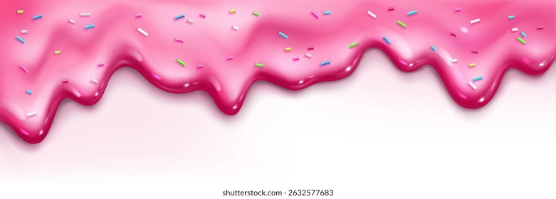 Melting ice cream with sprinkle and pink frosting drips. Glossy icing flows down, shiny sugary topping decoration. Confectionery drizzle, sweet creamy glaze dripping. Tasty dessert background texture