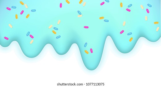 Melting ice cream sprinkled with icing 3d turquoise border isolated on a white background Sweet delicacy Vector illustration