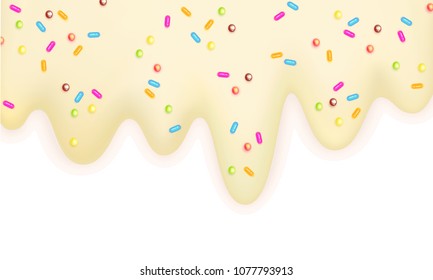 Melting ice cream sprinkled with lollipops 3d pastel milk border isolated on a white background Sweet delicacy Summertime Vector illustration