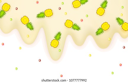 Melting ice cream sprinkled with pineapple and lollipops 3d light pastel border isolated on a white background Vanilla ice cream with fruit lobules Sweet delicacy Vector illustration