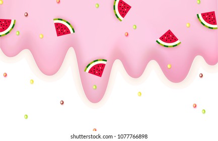 Melting ice cream sprinkled with watermelon and lollipops 3d light pink pastel border isolated on a white background Ice cream with slices berries Sweet delicacy Vector illustration