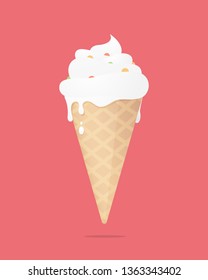 Melting Ice Cream in a Waffle Cone. Vector illustration is isolated on a light-red background.
