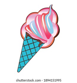 Melting ice cream in the waffle cone isolated on white background. Vector flat outline icon. Comic character in cartoon style illustration for t shirt design.