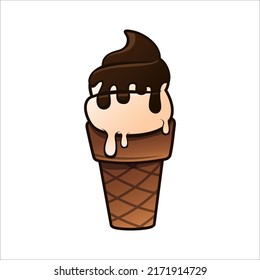 Melting ice cream in the waffle cone isolated on white background. vector flat design illustration