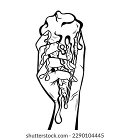 Melting ice cream in a waffle cone in female hand, vector pop art fashion illustration