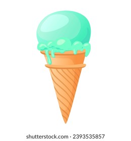 Melting ice cream in the waffle cone. Isolated vector.