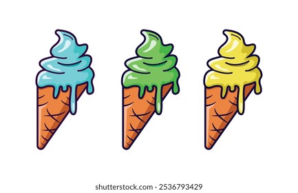 Melting ice cream with waffle cone isolated. Blue, green, yellow ice cream cartoon vector illustration.