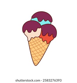 Melting ice cream in the waffle cone isolated on white background. Vector flat outline icon.