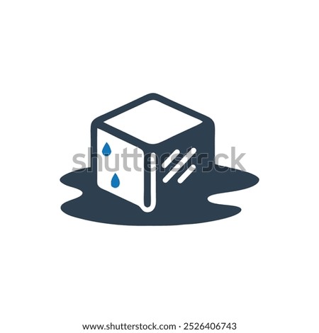 Melting Ice Cube Icon, Melting Ice Cube With Puddle Vector Icon