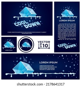 Melting ice cube logo and banners set. Cool down branding pack for a social media company. 