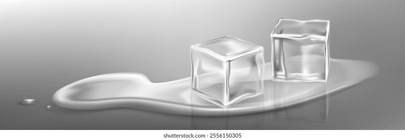 Melting ice cube on reflective surface of water puddle. Transparent frozen white blocks for cooling cocktail drinks. Realistic 3d vector illustration of two translucent cold icy pieces and melted blob