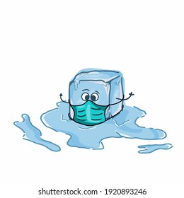 A melting ice cube wearing mask with character vector template design illustration