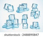 Melting ice cubes. Frozen aqua melt cubes in water puddle, iced pool solid liquid wet crystal melted clear block pile for freeze soda or alcohol drinks, exact vector illustration authors graphics